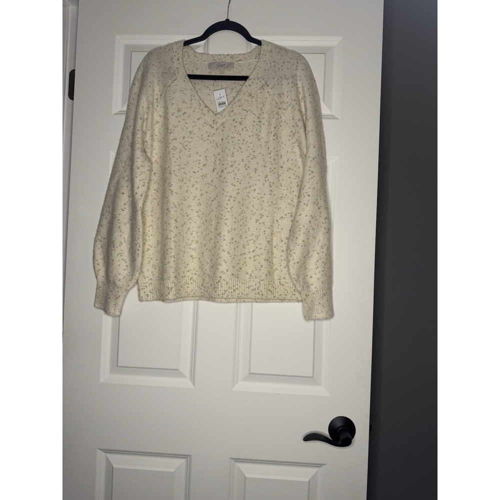 Loft Gold Speckled Metallic V Neck Pullover Knit Sweater Cream Large Nwt